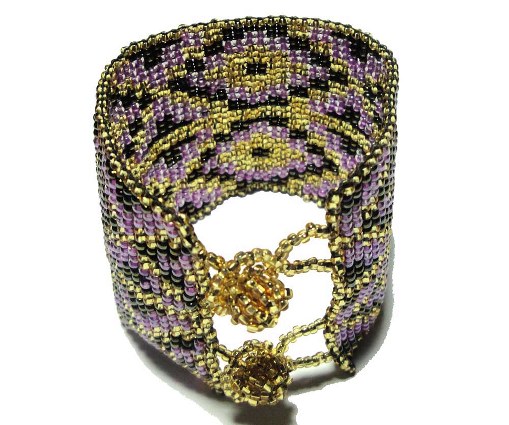 Peyote Lavender And Gold Large Multi Diamond Patern Cuff Bracelet