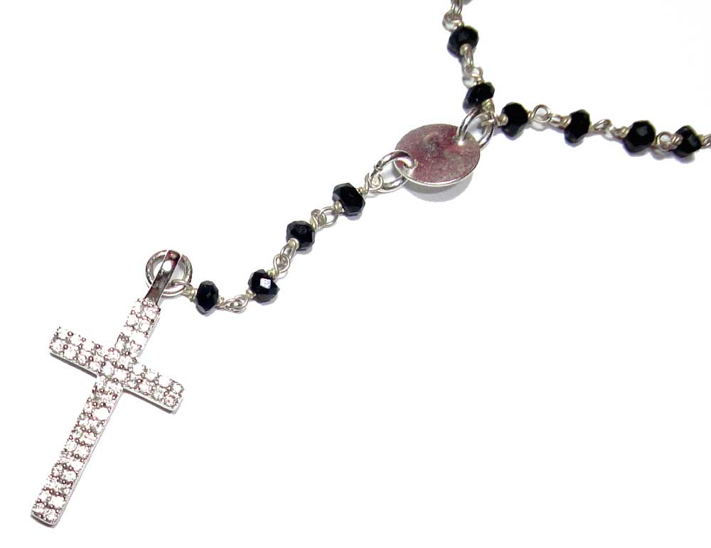 Rosary Style Onyx Wire Wrapped Necklace With A Pave Sterling Silver Cz Cross