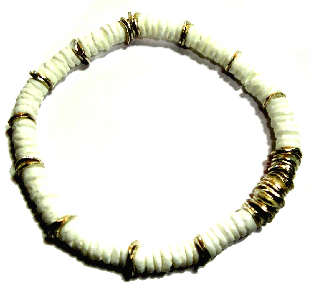 4mm White Shell Beads Accentuated By Silver Plated Heishi Bracelet